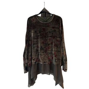 Fantazia Women's Velvet Mixed Media Long Sleeve Blouse W/ Scarf Green Medium